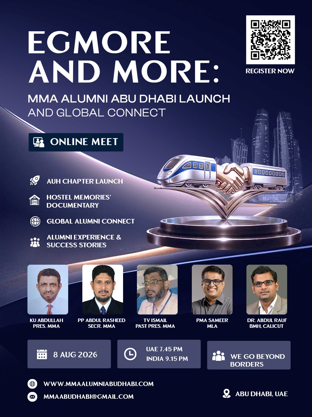 Egmore and More — MMA Alumni Abu Dhabi launch poster, 8 August 2026.